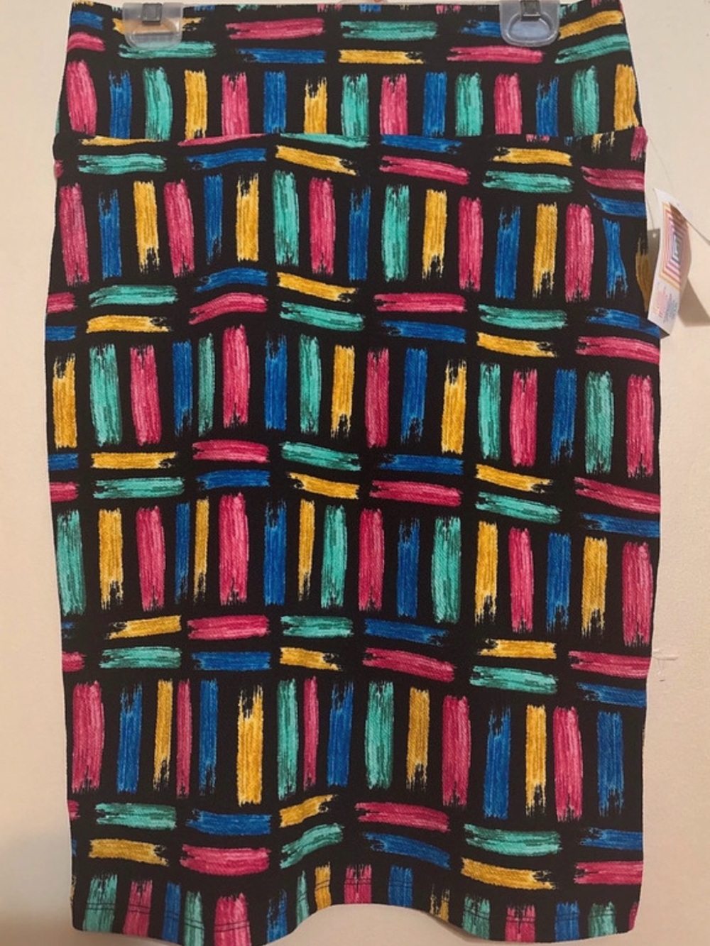 LuLaRoe Black Pencil Skirt with Teal, Pink, Yellow & Blue Brushstroke Print